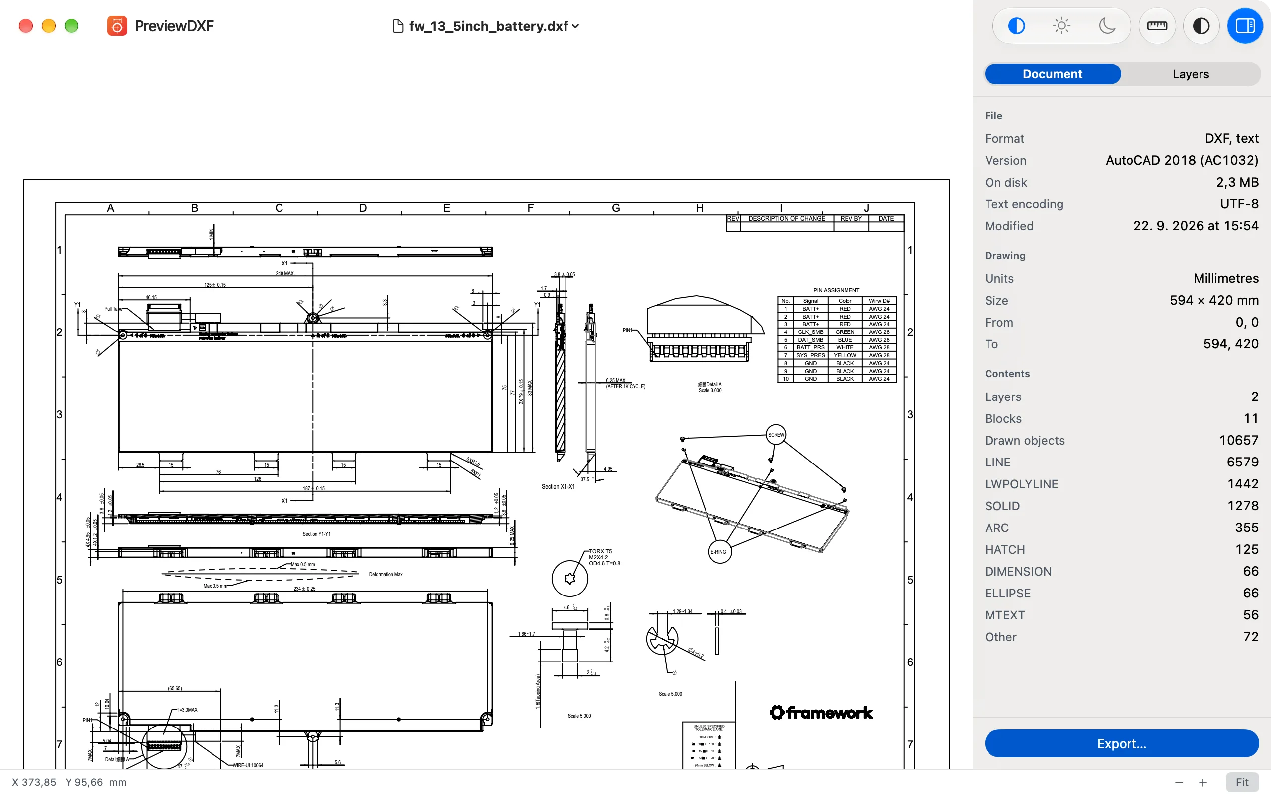 PreviewDXF showing an A2 assembly drawing with the Document inspector open